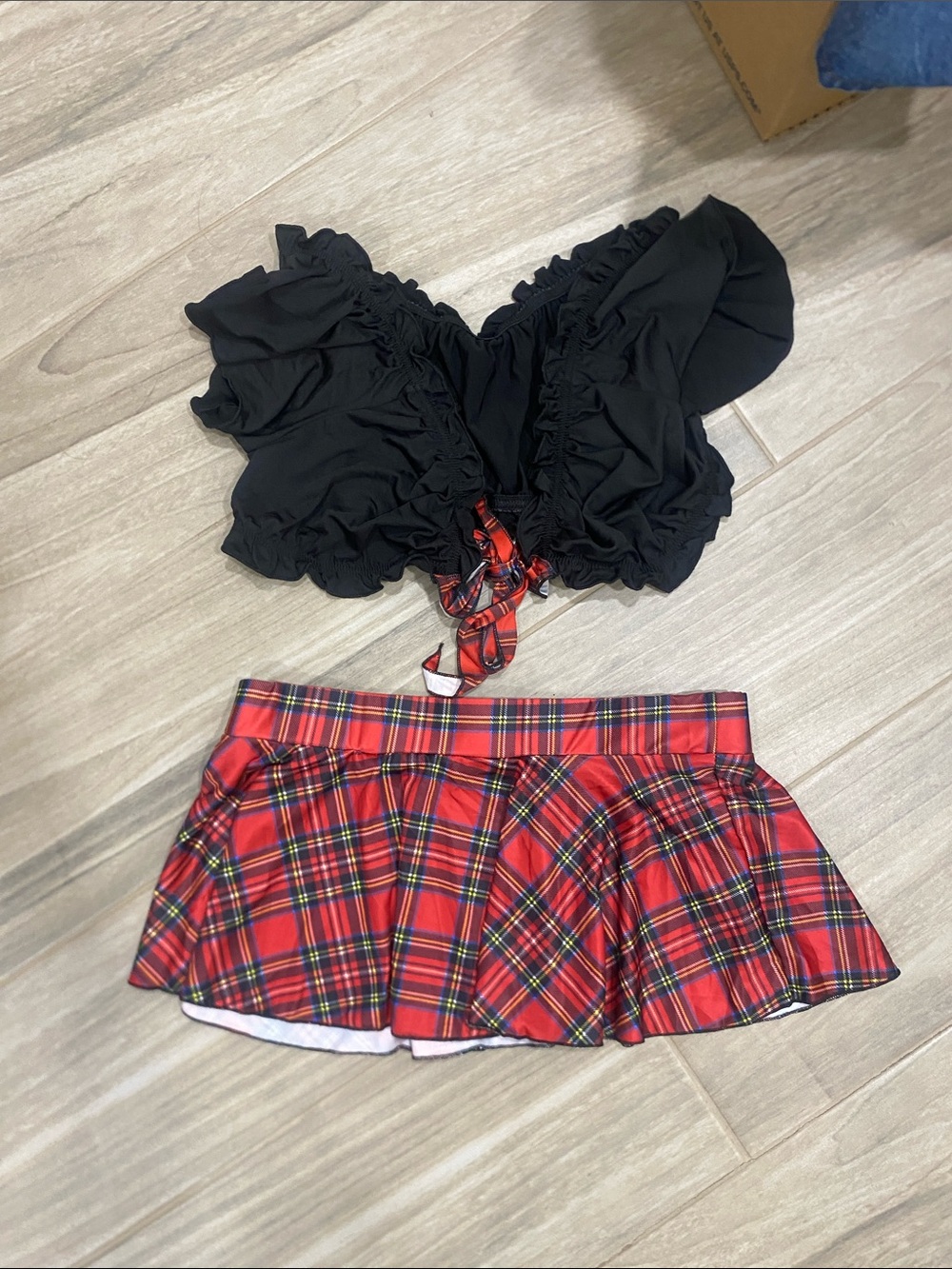 Black Ruched Crop Top & Red Plaid Mini Skirt Set - Women Intimates